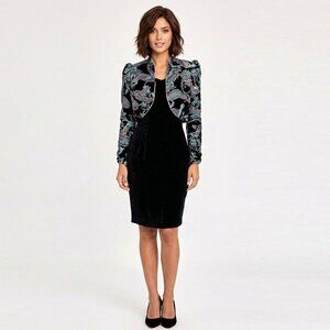 Vintage Nu-Mode Velvet Dress & Bolero Jacket Evening Party '80s Black Teal Gold